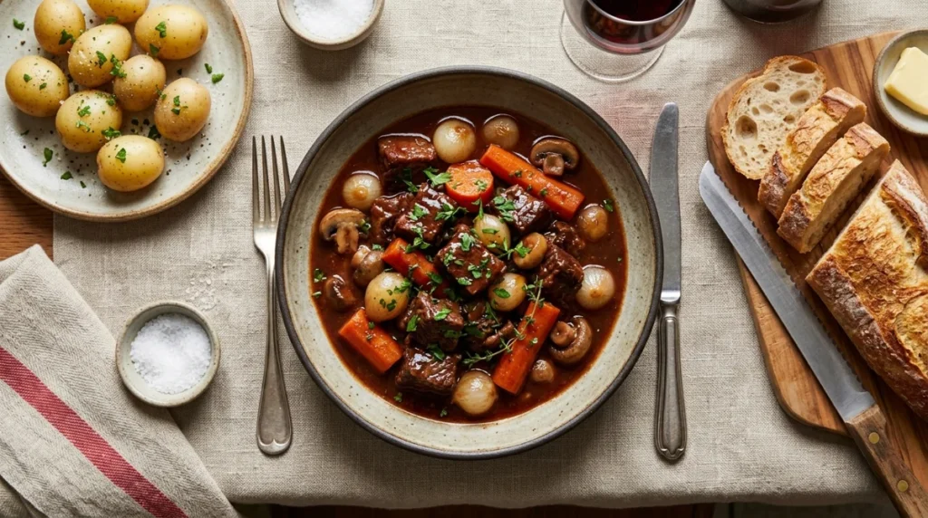 Assiette de boeuf bourguignon fondant au Cookeo avec pommes de terre vapeur