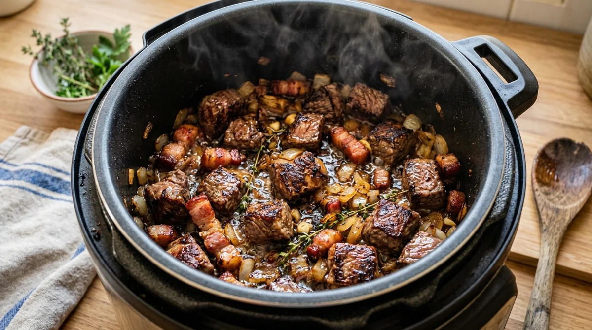 Dés de paleron de bœuf et lardons fumés dorant dans la cuve du Cookeo
