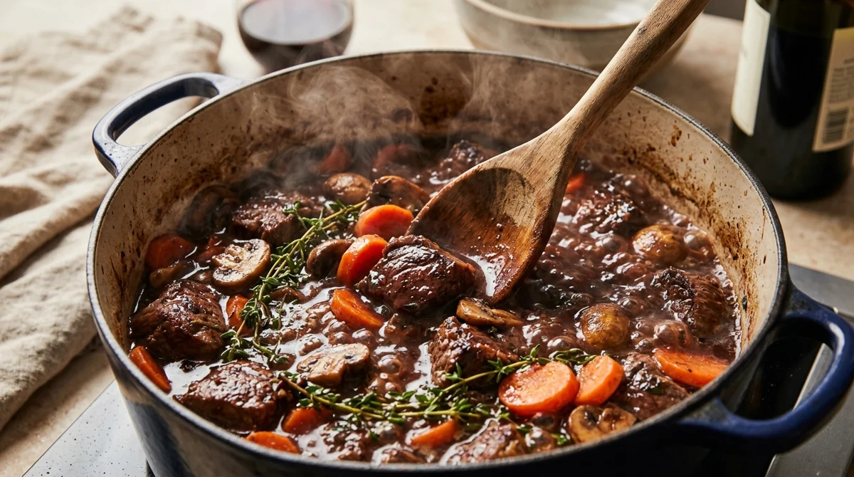 Vin rouge, carottes, champignons et aromates ajoutés dans la cuve du Cookeo