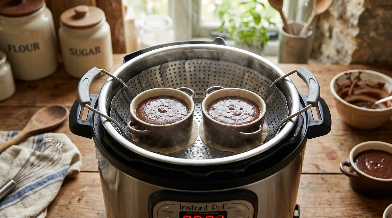 Ramequins de pâte à gâteau chocolat dans le panier vapeur inox du Cookeo