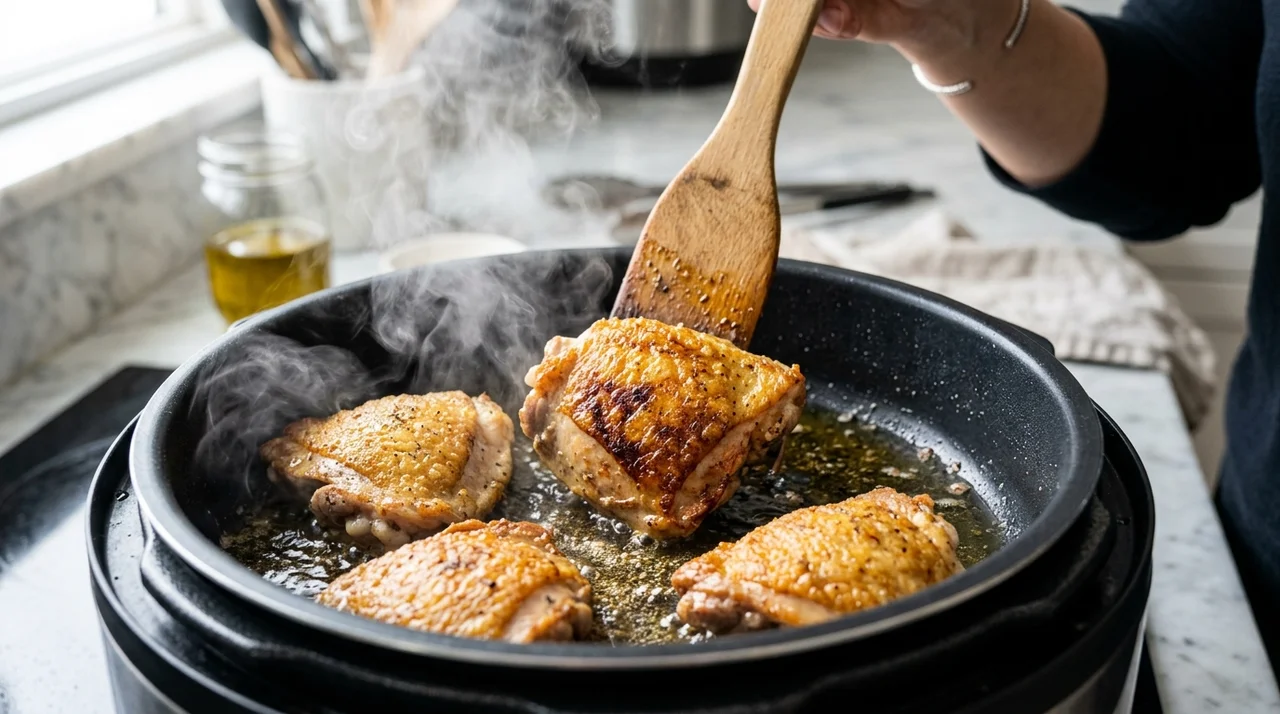 Morceaux de poulet dorant dans la cuve du Cookeo