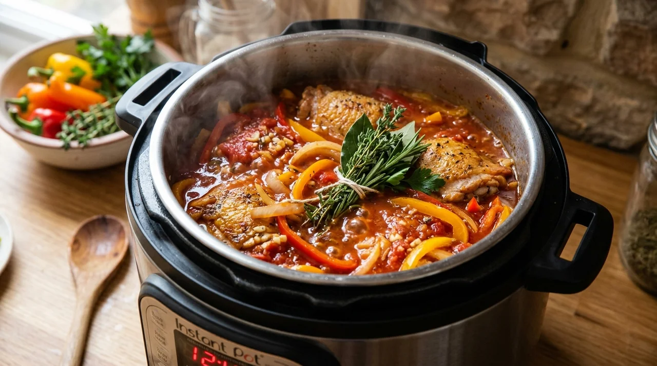 Piperade aux poivrons, tomates et bouquet garni dans la cuve du Cookeo