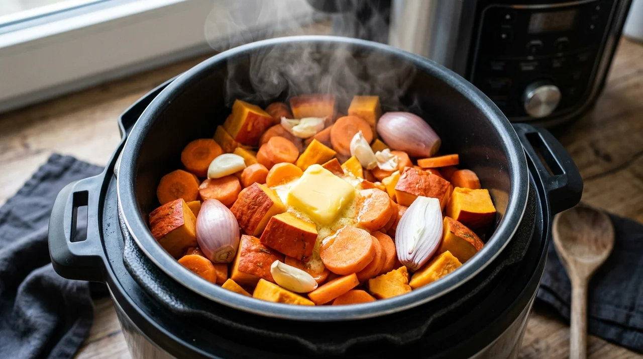 Dés de potimarron, carottes, échalotes et beurre suant dans la cuve du Cookeo