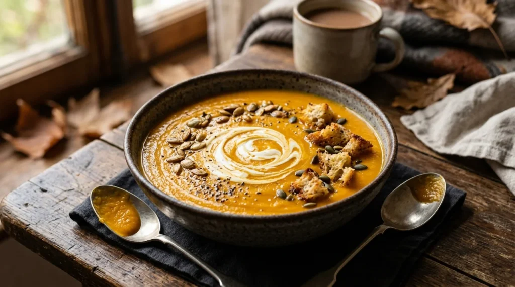 Bol de velouté de potimarron onctueux aux graines de courge
